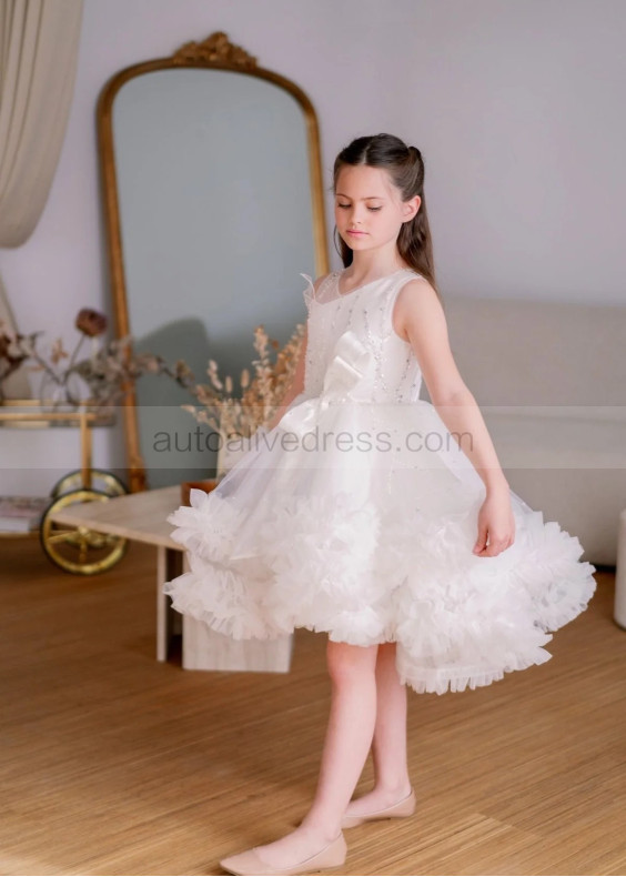 Beaded Ivory Tulle Ruffled Knee Length Flower Girl Dress